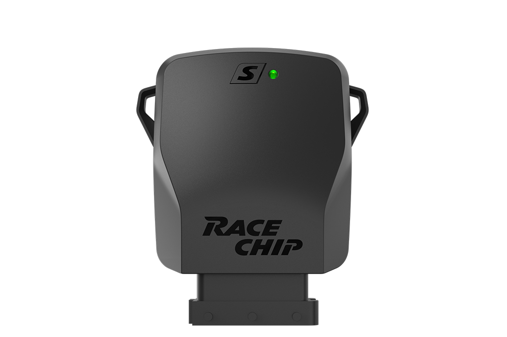 Boîtier RaceChip S avec voyant de fonctionnement vert, design épuré et logo RaceChip.