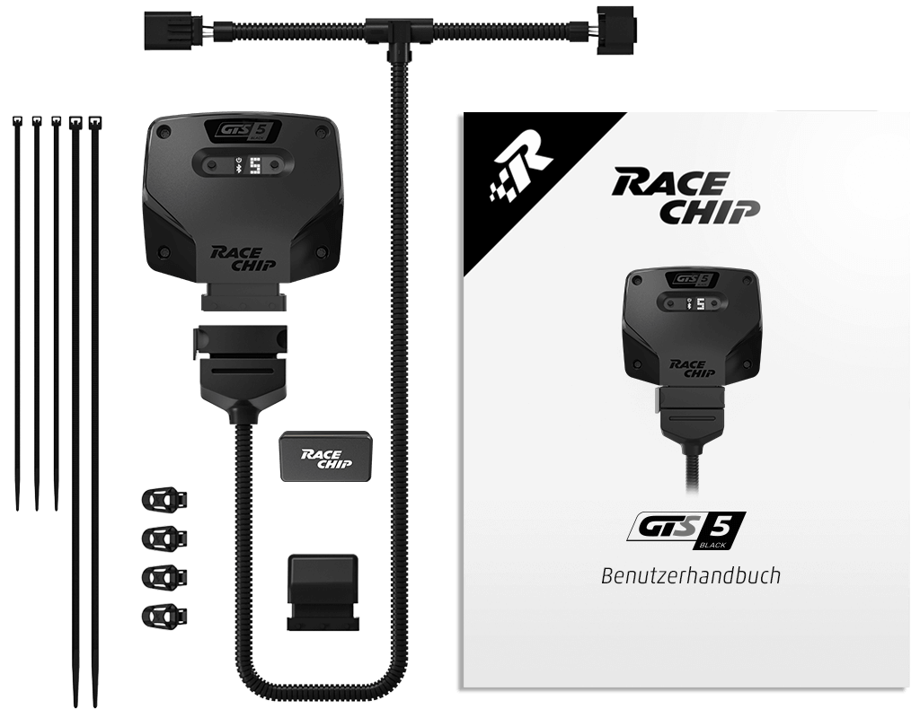 Contenu de la livraison RaceChip GTS 5 Black : boîtier, faisceau de câbles spécifique au moteur, connecteur d'origine, clips de fixation 360°, colliers de câbles et manuel d'utilisation.