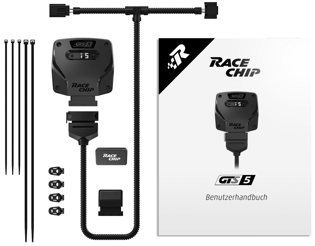 Contenu de la livraison RaceChip GTS 5 : boîtier, faisceau de câbles spécifique au moteur, connecteur d'origine, clips de fixation 360°, colliers de câbles et manuel d'utilisation.