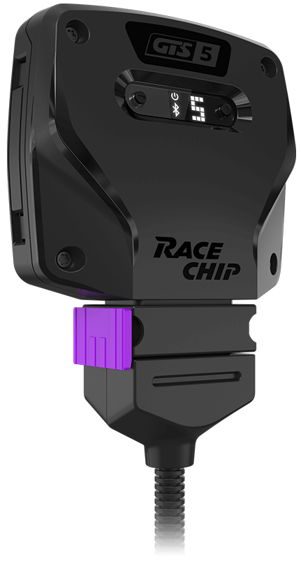 Boîtier RaceChip GTS 5 en vue inclinée avec verrouillage violet et témoin LED pour Bluetooth et niveau de puissance.