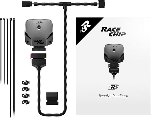 Contenu de la livraison RaceChip RS : boîtier, faisceau de câbles spécifique au moteur, connecteur d'origine, clips de fixation 360°, colliers de câbles et manuel d'utilisation.
