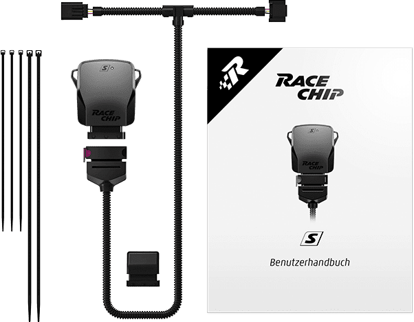 Contenu de la livraison RaceChip S : boîtier, faisceau de câbles spécifique au moteur, connecteur d'origine, colliers de câbles et manuel d'utilisation.